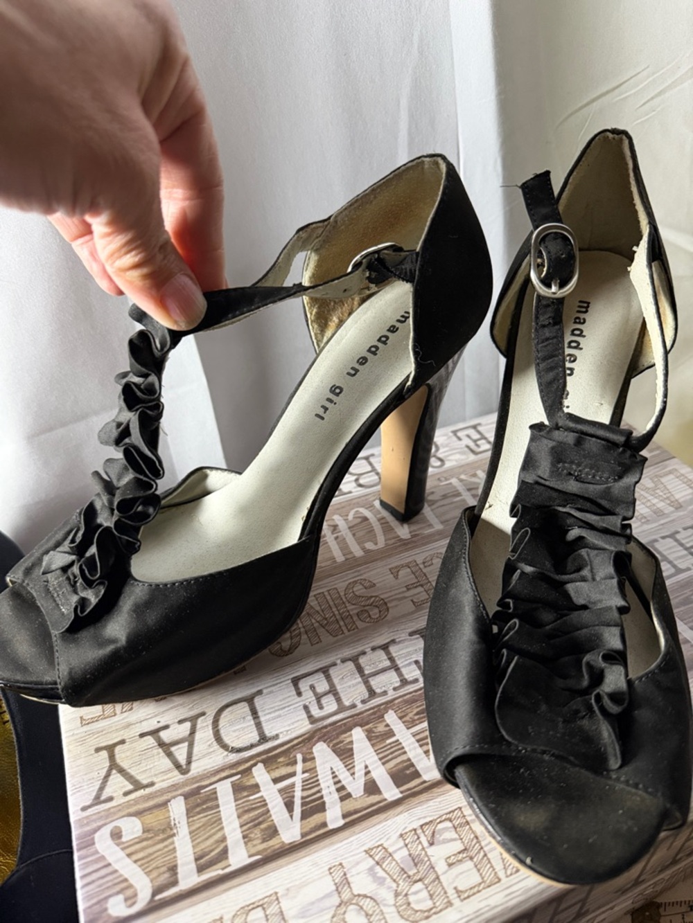 Madden Girl Black Ruffle T-Strap Heels with Ankle Buckle